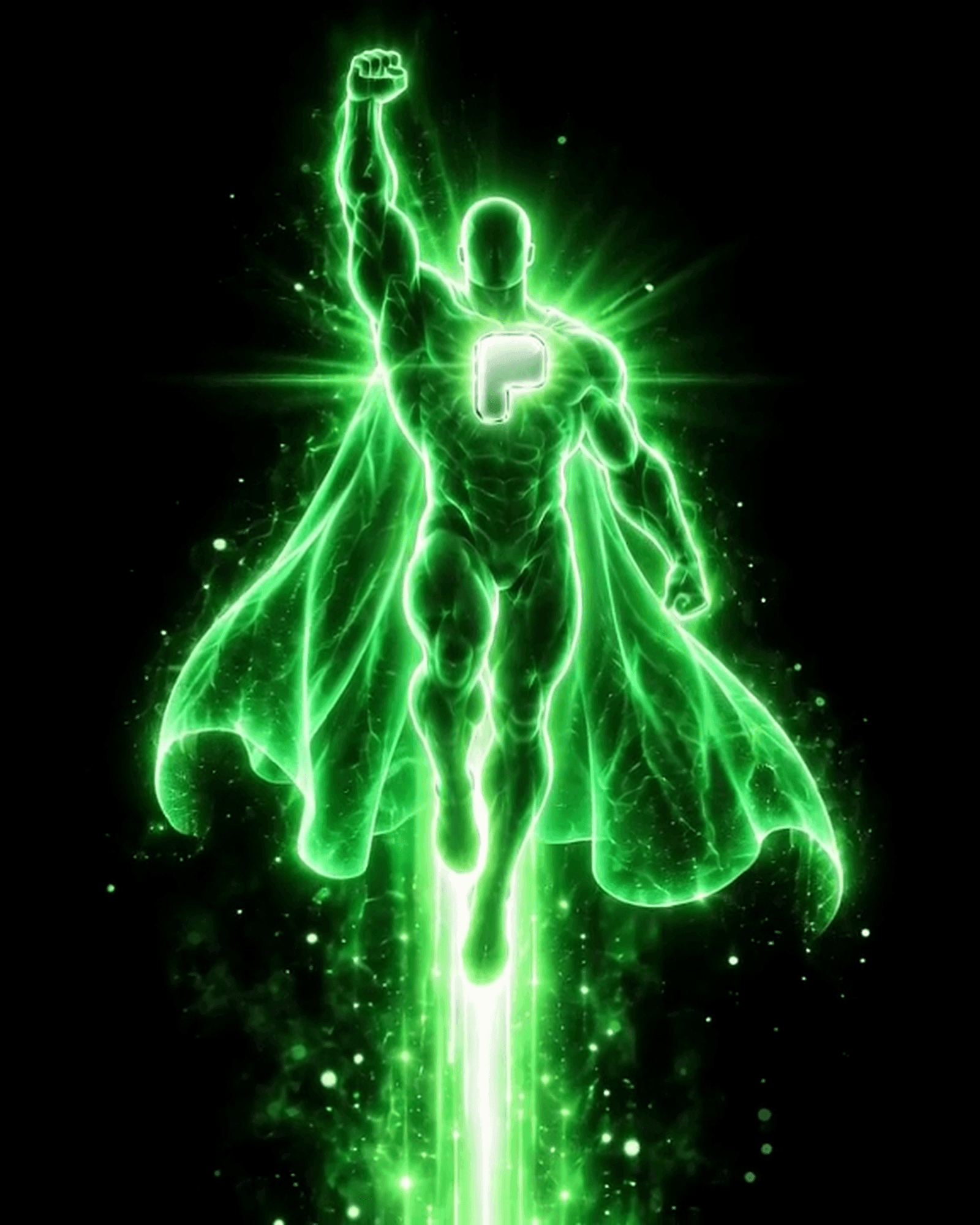 Captain Upto rising on a green candle beam